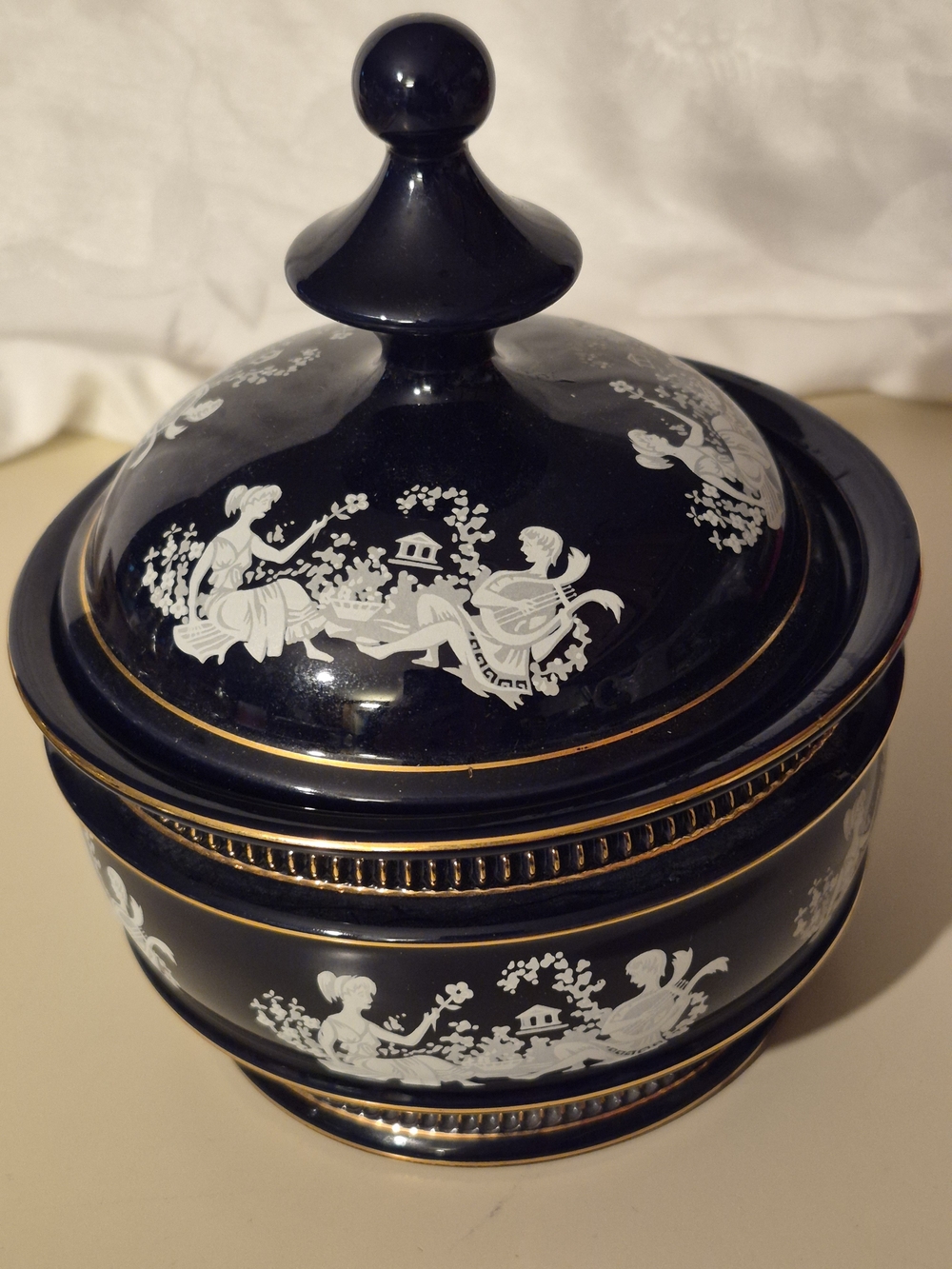 Dark Blue Lidded Ceramic Jar with White Classical Motif With Chip Italy
